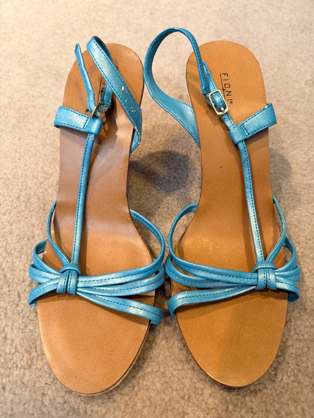 Fioni Metallic Light Blue Strappy High Heel Sandals Size 7 Cork Stiletto Party